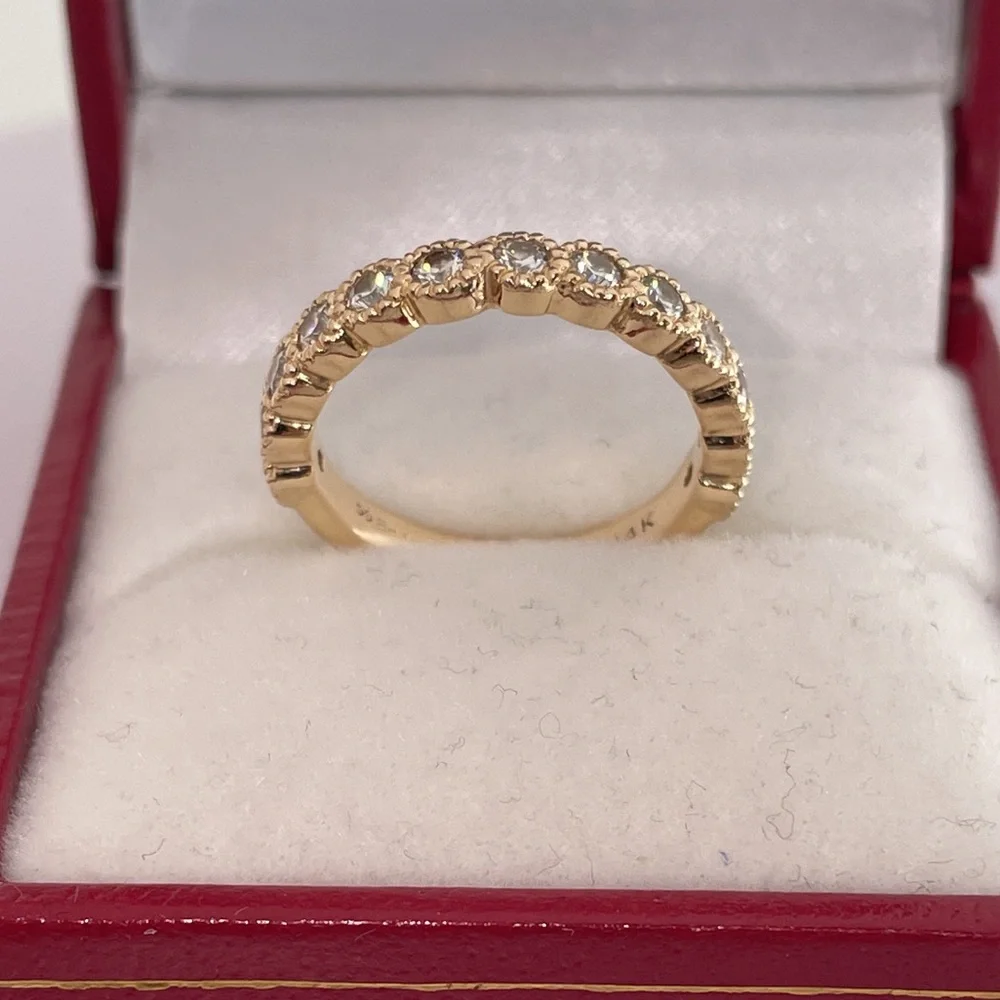 Solid Stamped 14K Yellow Gold Natural Diamond Semi Eternity Round Bead Band Ring